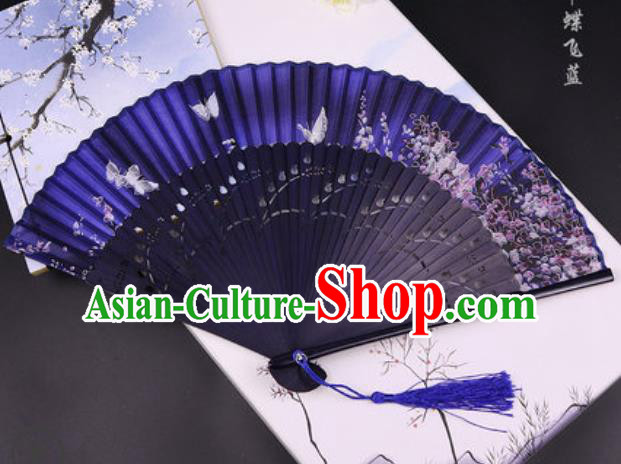 Handmade Chinese Butterfly Blue Cotton Fan Traditional Classical Dance Accordion Fans Folding Fan