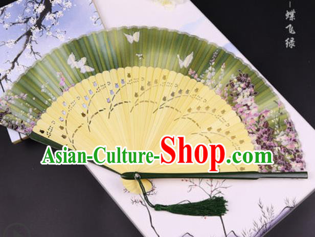 Handmade Chinese Butterfly Green Cotton Fan Traditional Classical Dance Accordion Fans Folding Fan