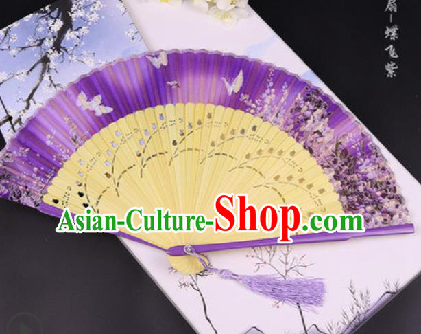 Handmade Chinese Butterfly Purple Cotton Fan Traditional Classical Dance Accordion Fans Folding Fan