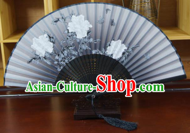 Handmade Chinese Printing Peony Grey Silk Fan Traditional Classical Dance Accordion Fans Folding Fan