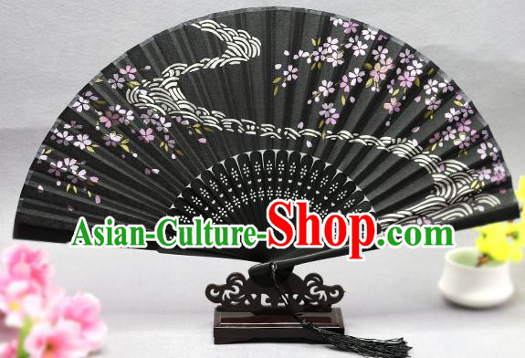 Handmade Chinese Printing Flow Sakura Black Fan Traditional Classical Dance Accordion Fans Folding Fan