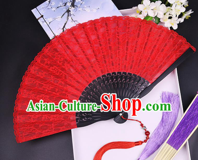 Handmade Chinese Red Lace Fan Traditional Classical Dance Accordion Fans Folding Fan
