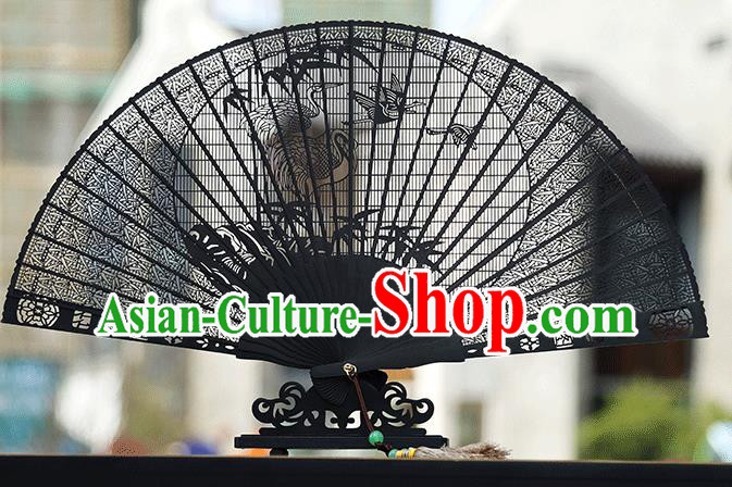 Handmade Chinese Carving Crane Bamboo Ebony Fan Traditional Classical Dance Accordion Fans Folding Fan