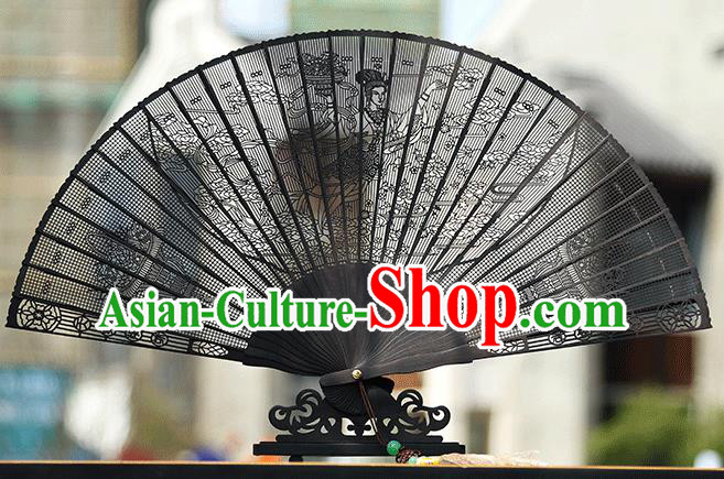 Handmade Chinese Carving Flower Goddess Ebony Fan Traditional Classical Dance Accordion Fans Folding Fan
