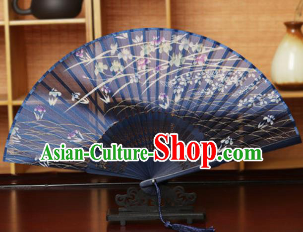 Handmade Chinese Printing Flowers Navy Silk Fan Traditional Classical Dance Accordion Fans Folding Fan