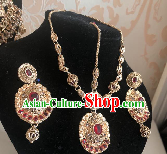 Indian Traditional Wedding Eyebrows Pendant and Earrings Asian India Bride Headwear Jewelry Accessories for Women
