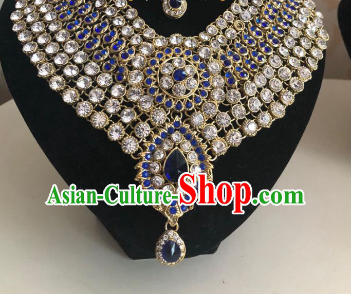 Indian Traditional Wedding Blue Crystal Necklace Asian India Bride Jewelry Accessories for Women