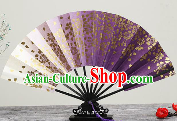 Handmade Chinese Printing Golden Sakura Purple Fan Traditional Classical Dance Accordion Fans Folding Fan