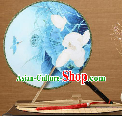 Handmade Chinese Printing Lotus Blue Palace Fans Traditional Classical Dance Round Fan for Women