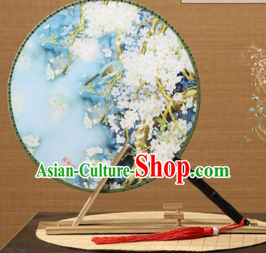 Handmade Chinese Printing Pear Flowers Blue Palace Fans Traditional Classical Dance Round Fan for Women