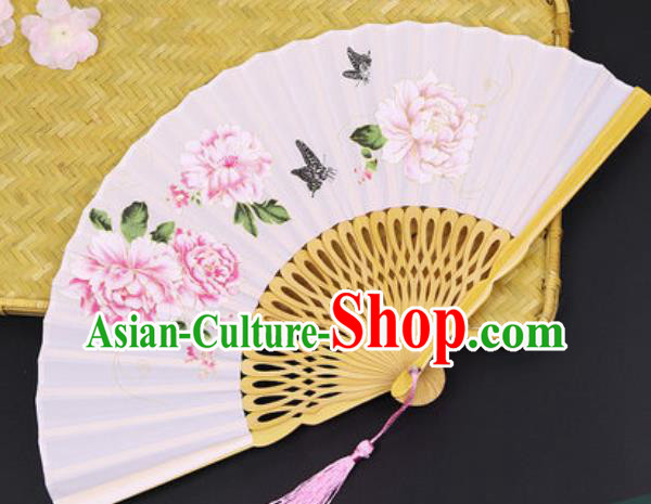 Handmade Chinese Printing Peony Light Pink Silk Fan Traditional Classical Dance Accordion Fans Folding Fan