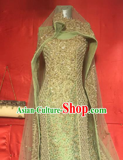 Indian Traditional Bride Embroidered Green Lehenga Dress Asian Hui Nationality Wedding Costume for Women