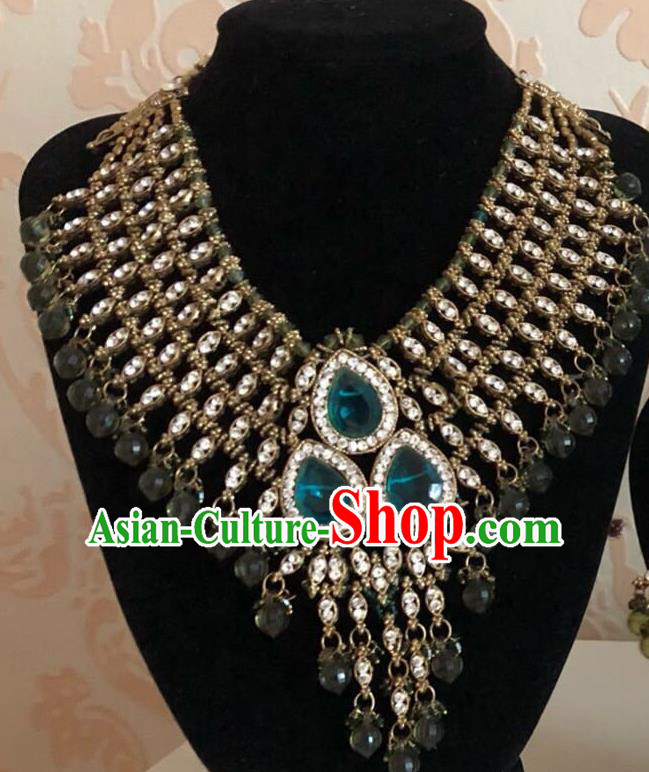 Indian Court Traditional Wedding Luxury Peacock Green Gem Necklace Asian India Bride Jewelry Accessories for Women