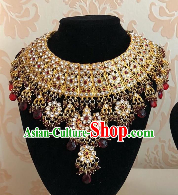 Indian Court Traditional Wedding Luxury Red Beads Golden Necklace Asian India Bride Jewelry Accessories for Women