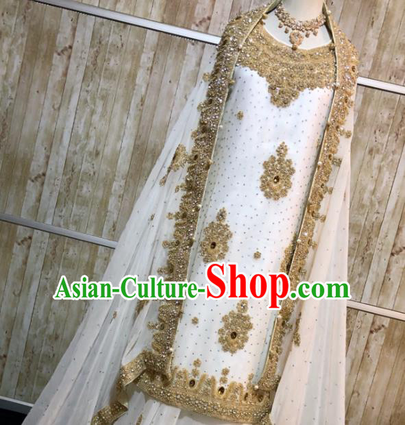 Indian Traditional Wedding White Embroidered Lehenga Dress Asian Hui Nationality Bride Costume for Women