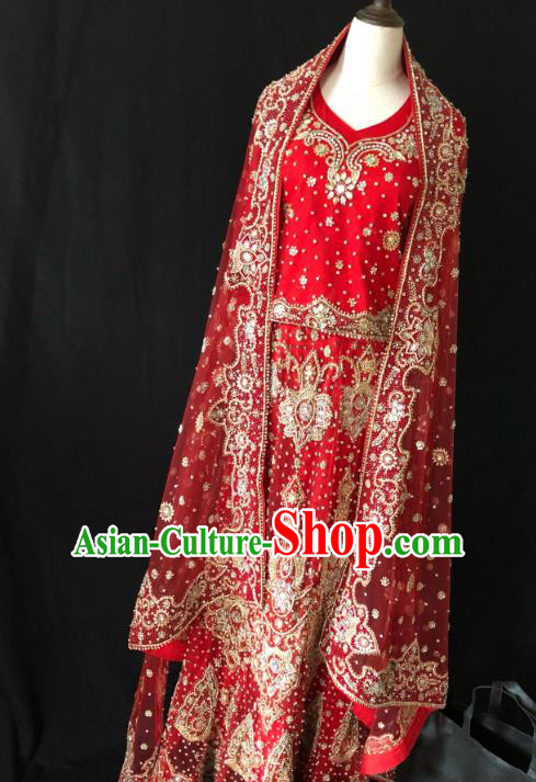 Indian Traditional Wedding Drill Embroidered Red Lehenga Dress Asian Hui Nationality Bride Costume for Women