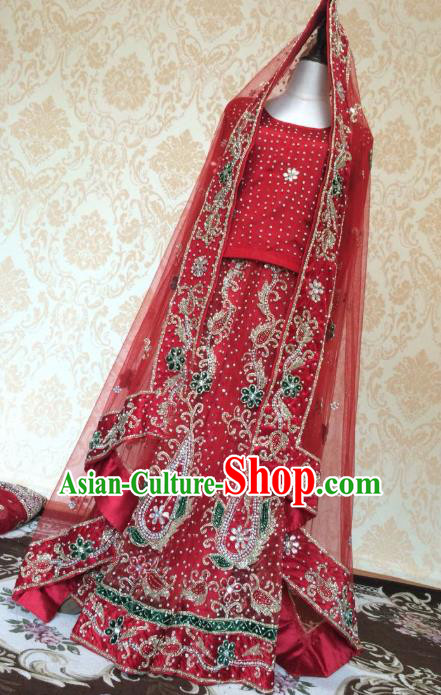 Indian Traditional Court Wedding Dress Asian Hui Nationality Bride Diamante Red Lehenga Costume for Women