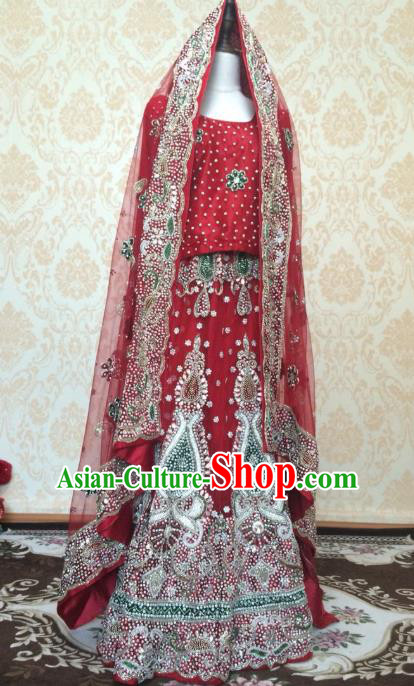 Indian Traditional Court Diamante Wedding Dress Asian Hui Nationality Bride Red Lehenga Costume for Women