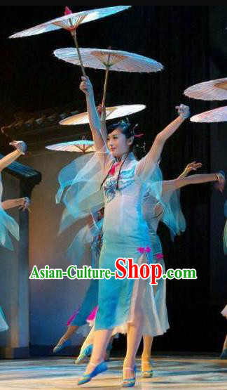 Chinese Yan Yu Xing Zhou Classical Dance Blue Dress Traditional Umbrella Dance Stage Performance Costume for Women