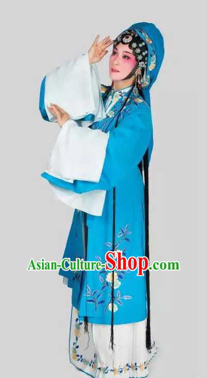Chinese Shaoxing Opera Actress Garment Apparels Costumes and Headdress Breeze Pavilion Yue Opera Hua Tan Blue Dress