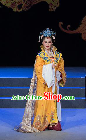 Chinese Shaoxing Opera Empress Liu E Yellow Dress Costumes and Headpieces Palm Civet for Prince Yue Opera Actress Queen Mother Garment Apparels