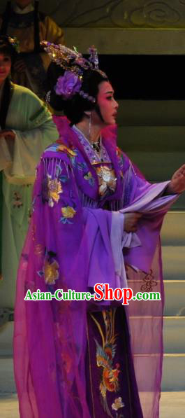 Chinese Shaoxing Opera Court Queen Purple Dress Garment and Headdress Palm Civet for Prince Yue Opera Hua Tan Empress Apparels Costumes