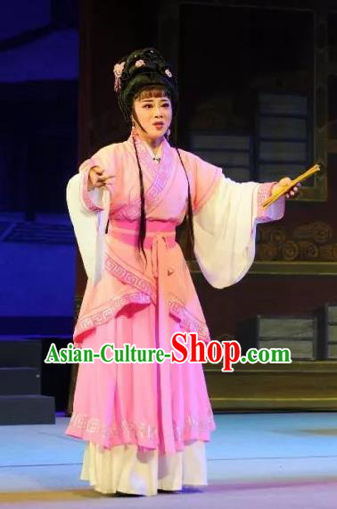 Chinese Shaoxing Opera Young Lady Pink Hanfu Dress and Hair Accessories Han Wen Empress Yue Opera Actress Garment Apparels Costumes