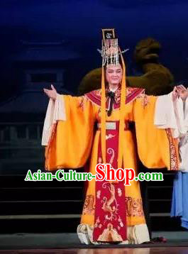 Chinese Yue Opera Emperor Xian Garment Costumes and Headwear Tong Que Tai Shaoxing Opera Young Male Embroidered Robe Apparels