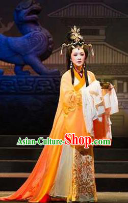 Tong Que Tai Chinese Shaoxing Opera Empress Costumes and Headpieces Yue Opera Hua Tan Queen Dress Garment Apparels