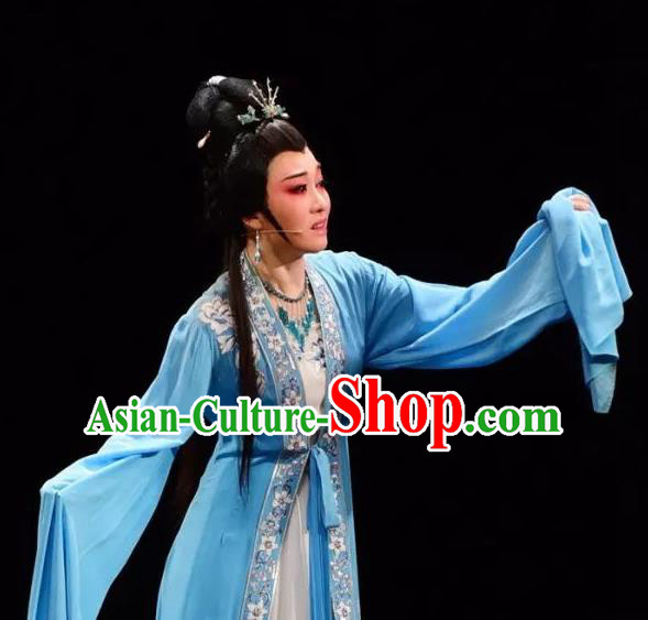 Chinese Shaoxing Opera Hua Tan Chen Sanliang Blue Dress Apparels Costumes and Headpieces Yue Opera Young Female Actress Garment