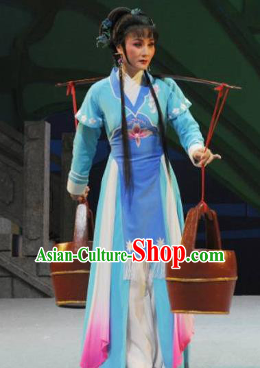 Chinese Shaoxing Opera Village Girl Blue Costumes and Headpieces Mo Chou Nv Yue Opera Actress Garment Hua Tan Dress Apparels
