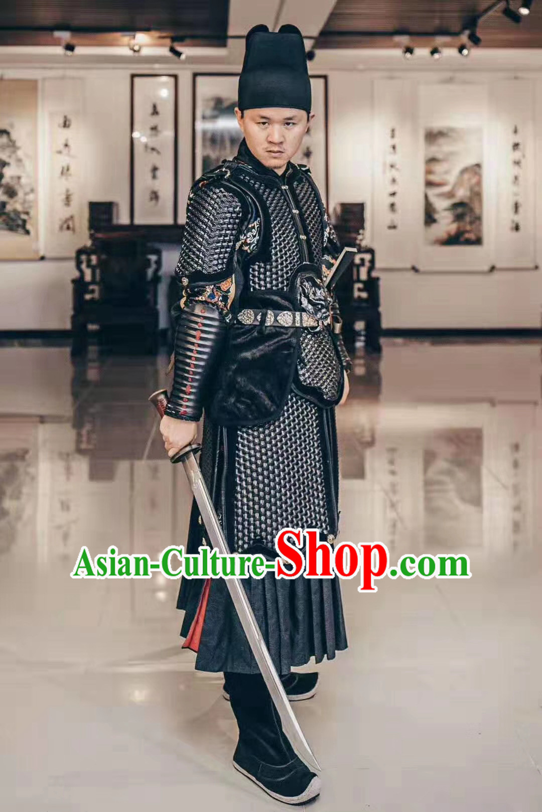 Custom Chinese Ming Dynasty Soldier Black Armor Suits Cosplay Drama Costumes Ancient Blades Apparels and Headwear Complete Set