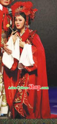 Chinese Shaoxing Opera Hua Tan Yuwen Fang Wedding Dress Costumes and Headdress Da Mo Li Ge Yue Opera Actress Garment Apparels