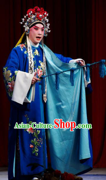 Chinese Classical Kun Opera Takefu Apparels Princess Baihua Peking Opera Young Male Costumes Blue Robe and Headwear