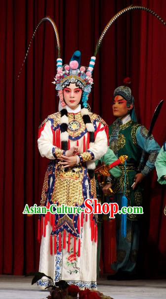 Chinese Kun Opera Martial Wu Dan Armor Suits Princess Baihua Peking Opera Blues Garment Apparels Costumes and Headdress