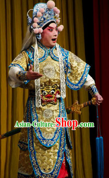 Chinese Classical Kun Opera Wu Sheng Apparels Princess Baihua Peking Opera Costumes Martial Men Golden Armor Suit and Headwear