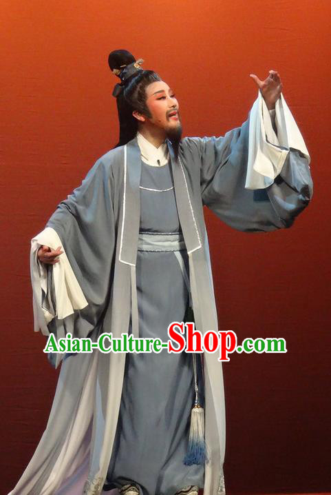 Chinese Shaoxing Opera Elderly Scholar Garment Yue Opera Shuang Fei Yi Apparels Lao Sheng Grey Costumes and Headwear