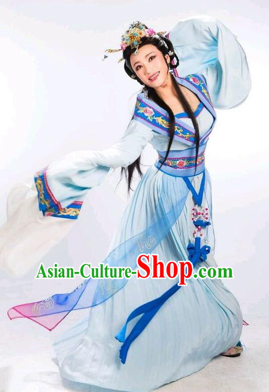 Chinese Shaoxing Opera Hua Tan Blue Dress Shuang Fei Yi Apparels Yue Opera Wang Yanmei Garment Young Female Costumes and Headdress