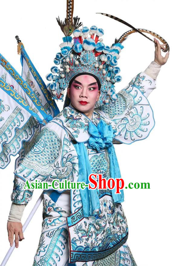 Chinese Classical Kun Opera Wusheng Apparels Princess Baihua Peking Opera Martial Men Costumes General Kao Armor Suit with Flags Garment and Headwear