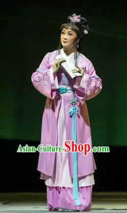 Chinese Shaoxing Opera Hua Tan Garment Costumes and Headdress Wang Yangming Yue Opera Young Lady Purple Dress Apparels