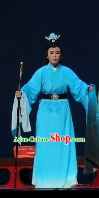 Chinese Yue Opera Scholar Wang Xianzhi Blue Robe Wu Yi Lane Garment and Headwear Shaoxing Opera Xiaosheng Young Male Apparels Costumes
