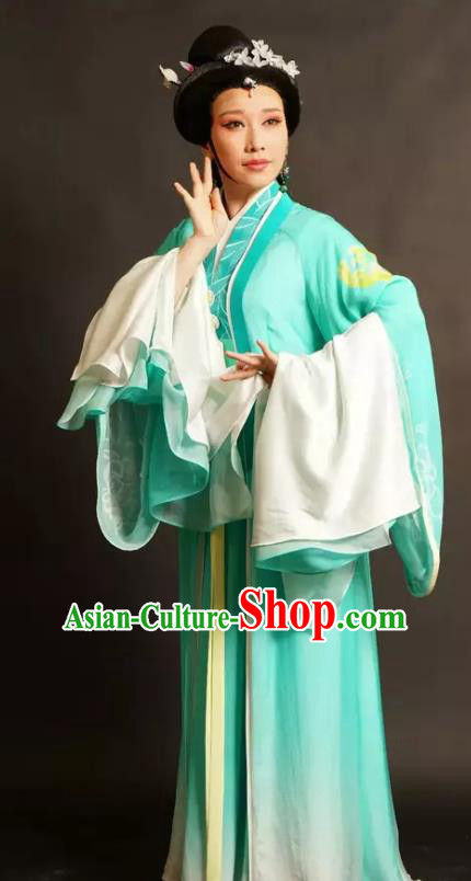 Chinese Shaoxing Opera Young Female Xi Daomao Green Dress Costumes and Headpieces Wu Yi Lane Yue Opera Hua Tan Apparels Actress Garment