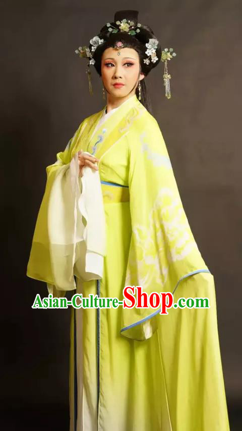 Chinese Shaoxing Opera Young Mistress Xi Daomao Yellow Dress Costumes and Headpieces Wu Yi Lane Yue Opera Hua Tan Actress Apparels Garment