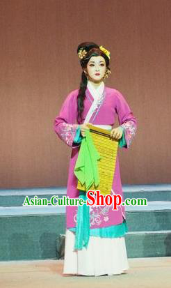 Chinese Shaoxing Opera Hua Tan Purple Dress Costumes and Headpieces Su Qin Yue Opera Young Female Country Woman Garment Apparels