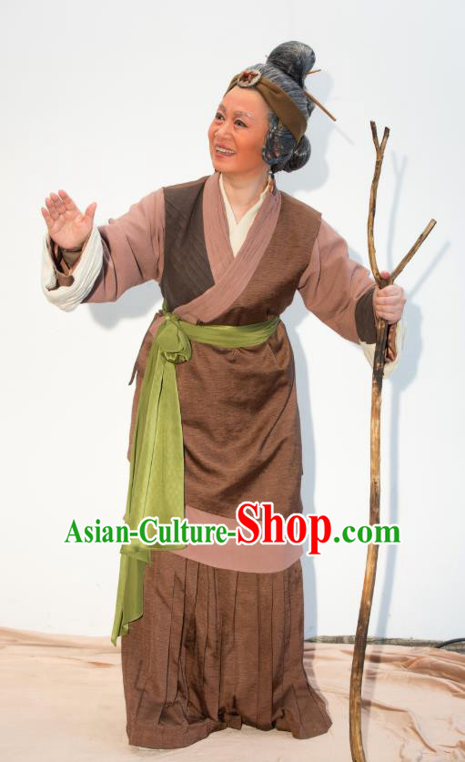 Chinese Shaoxing Opera Elderly Female Dress Ren Heart Medicine Hua Tan Costumes and Headdress Yue Opera Apparels Old Woman Garment