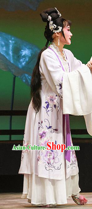Chinese Shaoxing Opera Actress Bai Suzhen Garment Costumes and Headdress Legend of White Snake Yue Opera Young Lady Dress Apparels