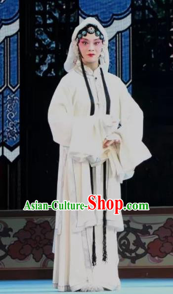 Chinese Shaoxing Opera Distress Maiden White Dress Apparels Costumes and Headdress Bai Sui Gua Shuai Yue Opera Actress Mu Guiying Garment