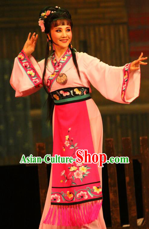 Chinese Shaoxing Opera Diva Pink Dress Apparels and Headpieces Huang Dao Po Yue Opera Woman Weaver Garment Young Female Costumes