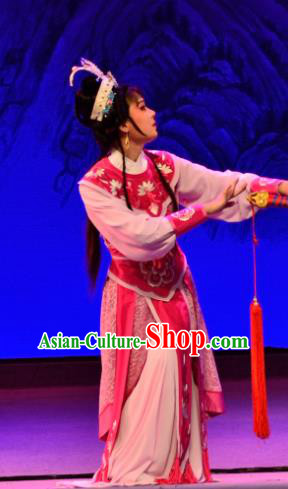 Chinese Shaoxing Opera Martial Girl Pai Yin Costumes and Headdress Yue Opera Mrs Dayi Actress Young Lady Purple Dress Garment Apparels