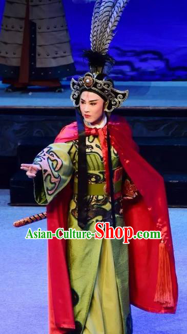 Mrs Dayi Chinese Yue Opera Takefu Martial Male Garment Costumes and Headwear Shaoxing Opera Wusheng Green Apparels